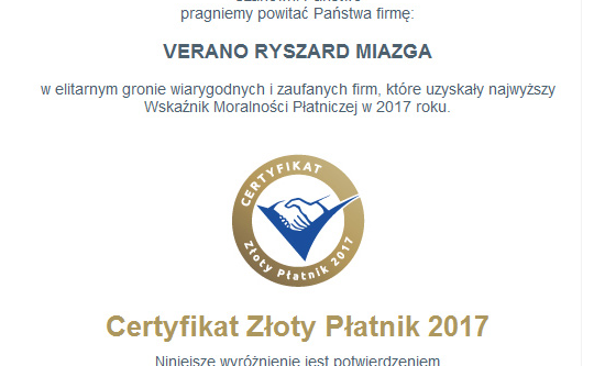 Certyfikat Złoty Płatnik 2017 dla Verano